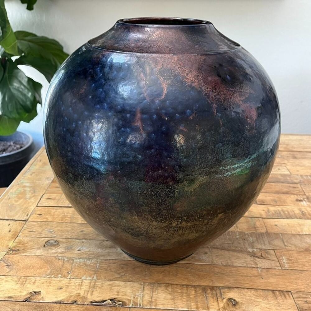 Vintage Studio Art Pottery Iridescent Raku Glaze Vase Vessel 15" Artist Signed